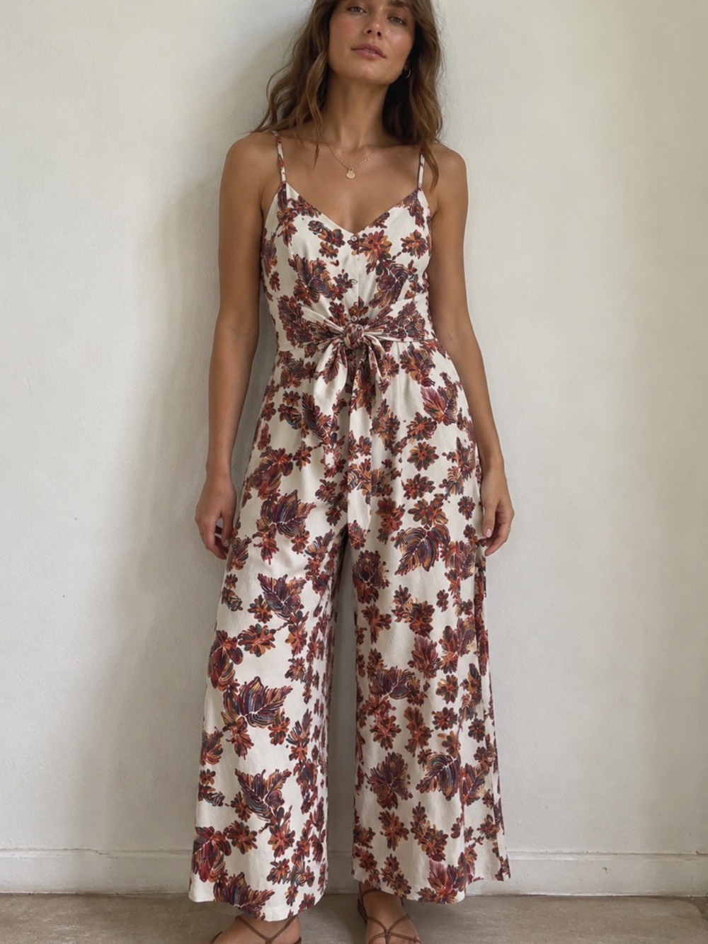 Free People Tropical Print Tie Waist Wide Leg Romper Jumpsuit Size 10